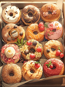 面包甜甜圈插画图片_盒子里各种甜甜圈美食甜品面包8