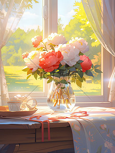 窗台前花瓶里的牡丹花插画4