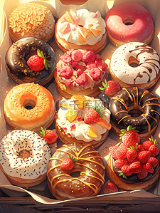 草莓盒子草莓插画图片_盒子里各种甜甜圈美食甜品面包5