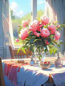 鲜花花瓶插画图片_窗台前花瓶里的牡丹花插画20