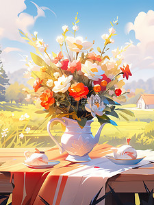 阳光明媚的桌子花瓶鲜花插画15