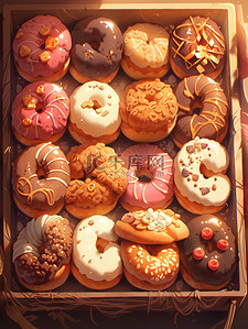 草莓盒子草莓插画图片_盒子里各种甜甜圈美食甜品面包11