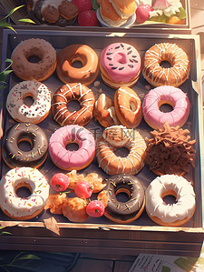 草莓盒子草莓插画图片_盒子里各种甜甜圈美食甜品面包2