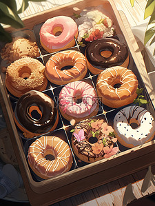 美食甜品插画图片_盒子里各种甜甜圈美食甜品面包1