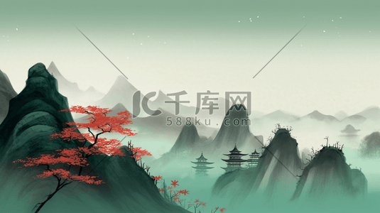 中国风水彩墨插画图片_秋天山水红枫树中国风水彩山水风景