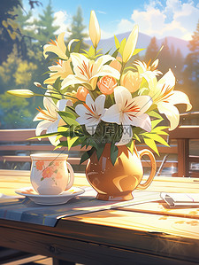 花束插花花瓶插画图片_阳光明媚的桌子花瓶鲜花插画1