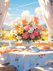 阳光明媚的桌子花瓶鲜花插画7