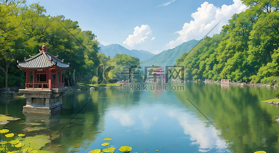 西湖峰会插画图片_杭州西湖美丽景色
