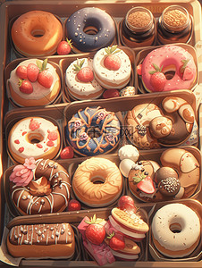 草莓盒子草莓插画图片_盒子里各种甜甜圈美食甜品面包7