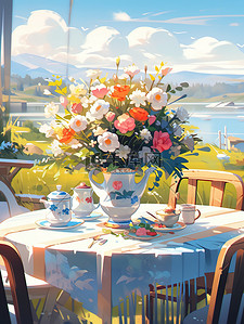 阳光明媚的桌子花瓶鲜花插画10