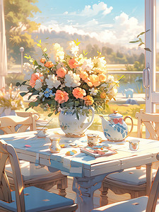 阳光明媚的桌子花瓶鲜花插画18