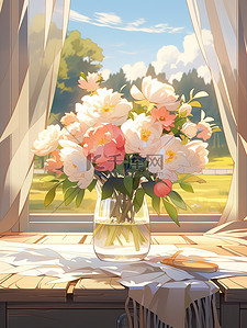鲜花花瓶插画图片_窗台前花瓶里的牡丹花插画11