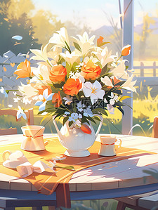 花束插花花瓶插画图片_阳光明媚的桌子花瓶鲜花插画5
