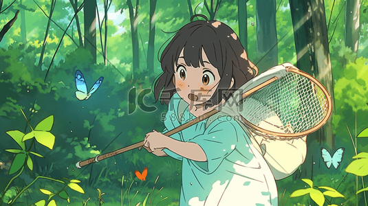 夏季捕捉昆虫的小女孩插画5