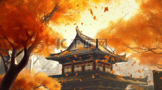 秋季树林中的古典建筑风景插画7
