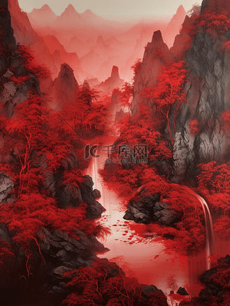 风景红色图片素材_红色中国风山水风景插画15