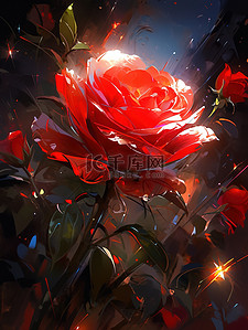 玫红玫瑰花插画图片_红玫瑰美丽花朵炫彩发光梦幻9