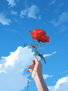 玫红玫瑰花插画图片_蓝天下一只手拿着红玫瑰1