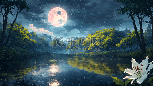 夜晚的树林插画图片_阴雨天的湖边风景有一朵玉兰花在盛开