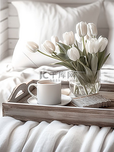 躺床上的老人插画图片_床上咖啡和郁金香花朵惬意生活6
