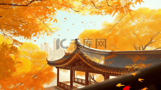 秋季树林中的古典建筑风景插画5