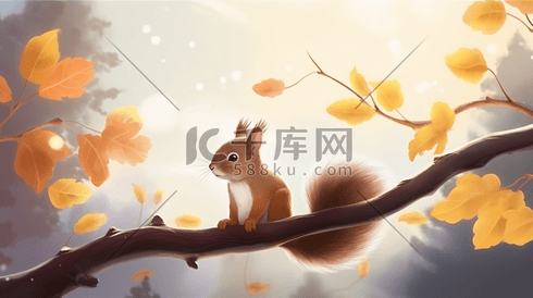 秋季树枝上的小松鼠插画2