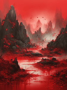 红色中国风山水风景插画8