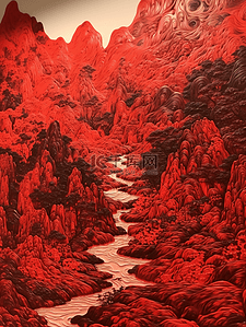 中国风山水红色插画图片_红色中国风山水风景插画14