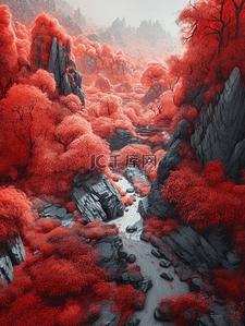 红色中国风山水风景插画13