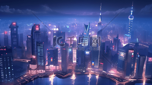 东方明珠夜景插画图片_科技感城市建筑高楼大厦风景插画1