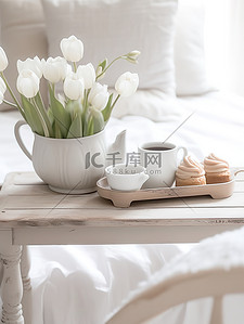 床上睡眠插画图片_床上咖啡和郁金香花朵惬意生活2