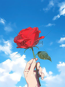 蓝天下一只手拿着红玫瑰2