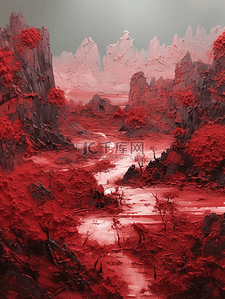 红色中国风山水风景插画20