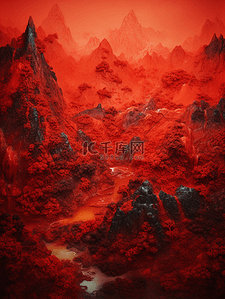 中国风山水红色插画图片_红色中国风山水风景插画7
