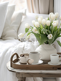 床上咖啡和郁金香花朵惬意生活8