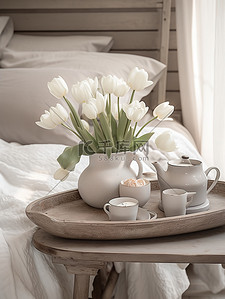 床上咖啡和郁金香花朵惬意生活7