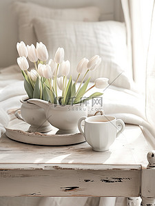床上睡眠插画图片_床上咖啡和郁金香花朵惬意生活12