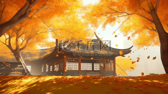 秋季树林中的古典建筑风景插画9