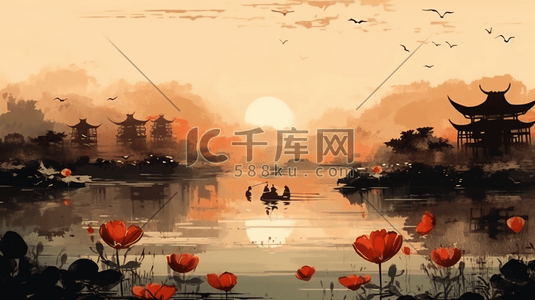 秋季中国风荷花池水墨风景插画2