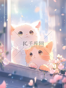 两只可爱的猫看着窗外治愈插画6