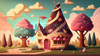 卡通可爱冰淇淋城堡插画背景