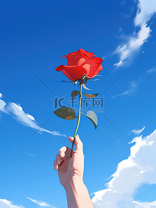 玫红玫瑰花插画图片_蓝天下一只手拿着红玫瑰3