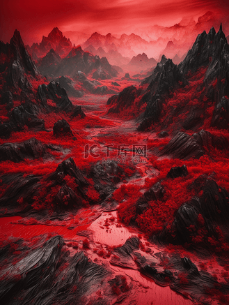 风景红色图片素材_红色中国风山水风景插画16