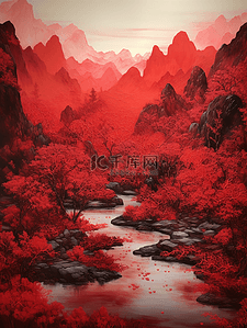 古典红色插画图片_红色中国风山水风景插画5