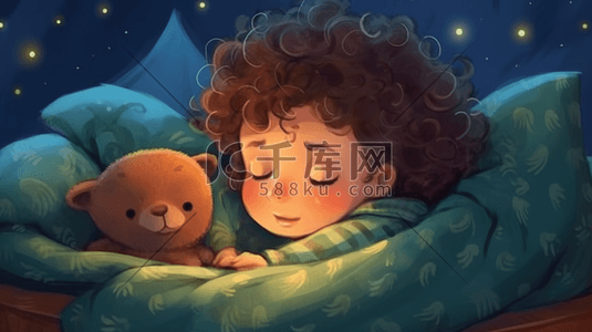 卡通小男孩睡觉插画图片_彩色晚安抱着毛绒玩具的小男孩1
