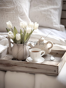 床上睡眠插画图片_床上咖啡和郁金香花朵惬意生活1