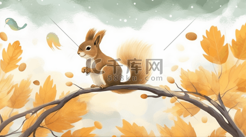 秋季树枝上的小松鼠插画4