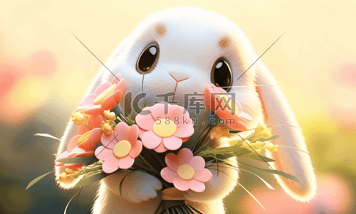 3D毛绒动物抱着一束花