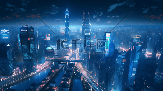 东方明珠夜景插画图片_科技感城市建筑高楼大厦风景插画12