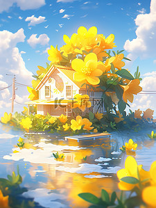 可爱的小花朵插画图片_海边可爱的小房子度假出游13